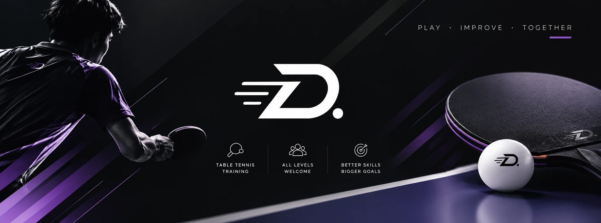 DTB brand artwork with a player, table tennis paddle and ball against a black and purple background
