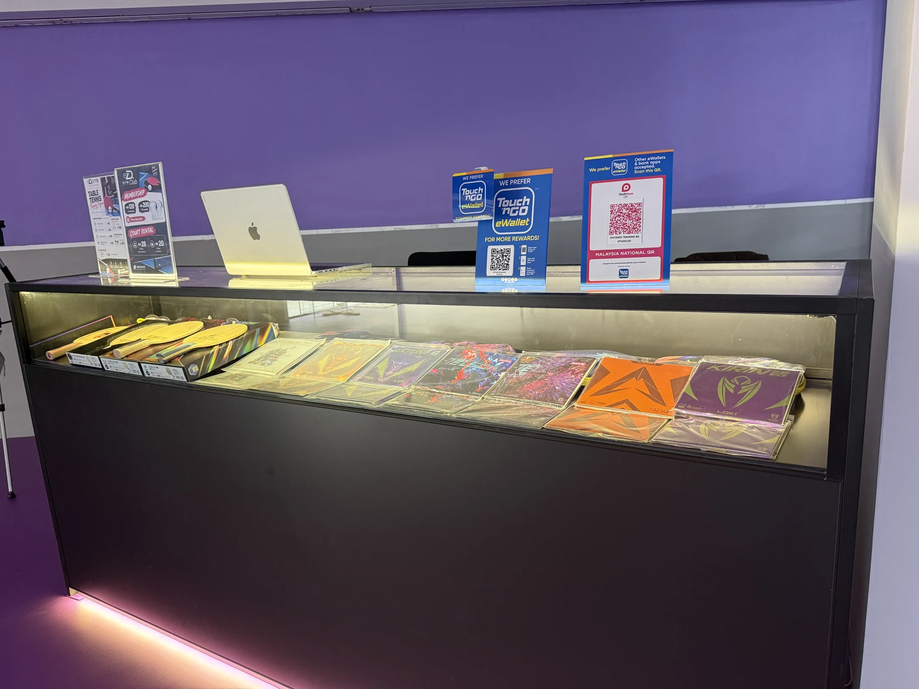 Table tennis equipment on display at the DTB club shop